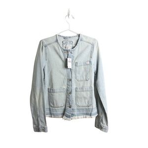 Abercrombie & Fitch Light Wash Fringe Raw Hem Denim Jean Jacket